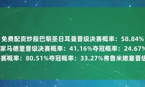 免费配资炒股巴黎圣日耳曼晋级决赛概率：58.84%夺冠概率：39.33%皇家马德里晋级决赛概率：41.16%夺冠概率：24.67%切尔西晋级决赛概率：80.51%夺冠概率：33.27%弗鲁米嫩塞晋级决赛概率：19.49%夺冠概率：2.72%